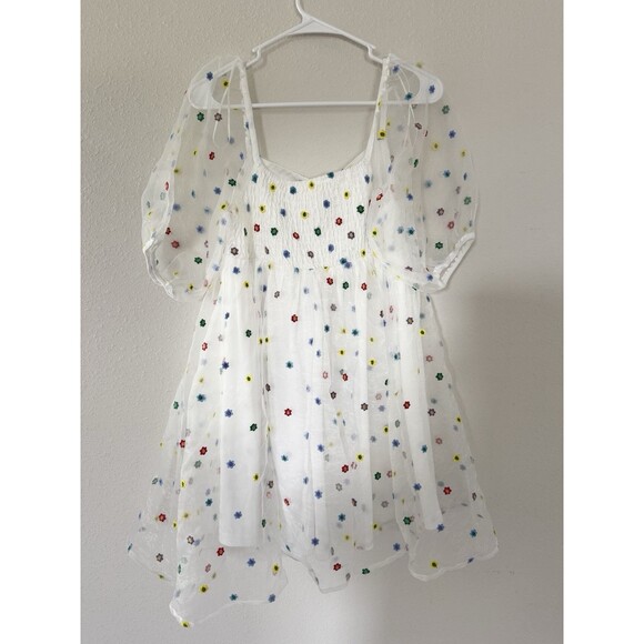 altar'd state Colorful Floral Babydoll Dress Sheer Puff Sleeve Spring Easter M - Picture 8 of 11